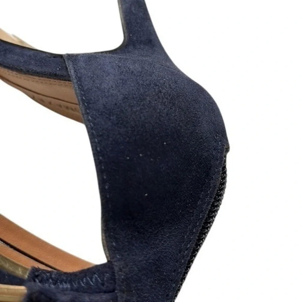 BCBGMAXAZRIA Sandals Women Size 5 Navy Gold Strappy Caged Stiletto Leather Suede